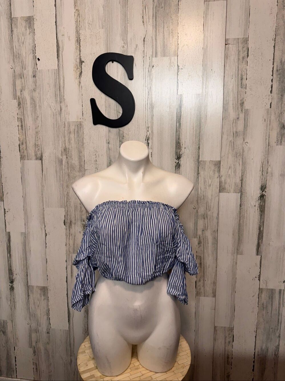 Cotton Candy Off the Shoulder Striped Crop Top Womens Small Blue White Ruffle